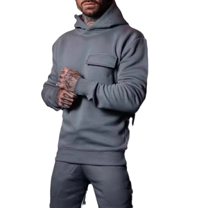 Men's dark gray tracksuit with hooded sweatshirt and pocket details on white background
