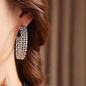 Macro shot of silver-tone hollow mesh earrings on model highlighting intricate texture