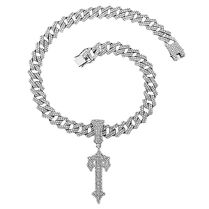 Hiphop silver Cuban chain necklace with a full iced out iced sword cross pendant