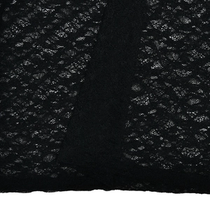 Close-up of black lace mesh fabric with intricate knit texture and breathable pattern