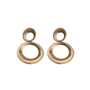 Golden geometric double hoop earrings with a textured spiral finish and metallic luster