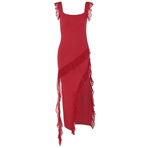 Elegant red sleeveless dress with ruffle trim and asymmetrical slit hemline