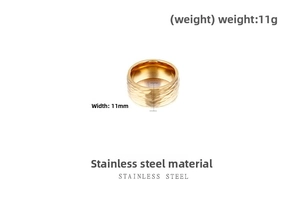 Detail of 11mm wide stainless steel ring with hammered texture in golden finish
