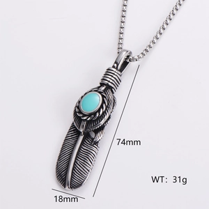 Dark gothic silver feather pendant with turquoise stone inlay for punk street style