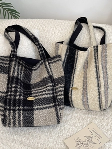 Fashionable lamb wool tote bags in plaid and stripe patterns for autumn and winter