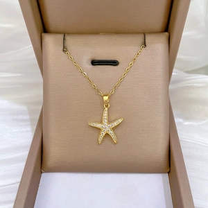 Starfish Pendant Necklace Stainless Steel Chain With Copper Micro Pave Cubic Zirconia Luxury Elegant Jewelry For Women