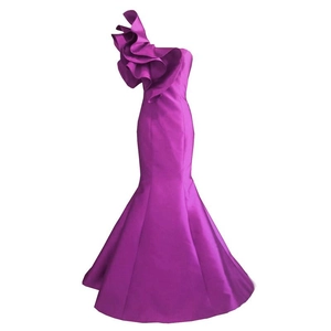 Elegant purple satin one-shoulder mermaid evening gown with ruffled sculptural sleeve detail