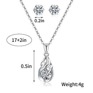 Threaded teardrop zircon necklace and stud earrings set with detailed size measurements