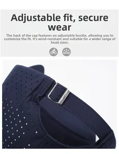 Detail of adjustable metal buckle and breathable mesh on navy blue baseball cap