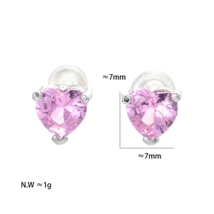 Minimalist heart-shaped pink zircon stud earrings with 7mm diameter and silver prongs