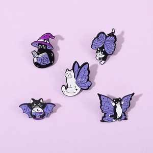 Halloween dark style wizard cat enamel pin set with magic book and bat wings