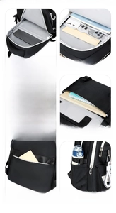 Detail view showing multi-pocket storage and padded laptop compartment of black nylon backpack