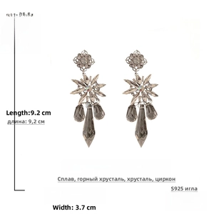 Detail of luxury flower drop earrings with S925 silver needles and crystal tassels