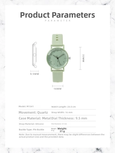 Detailed dimension guide for mint green silicone quartz watch with 33mm dial size