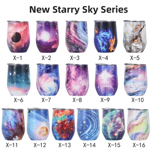 Grid view of 16 nebula patterns on 12oz double-wall insulated egg-shaped wine tumblers