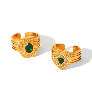 Textured gold stainless steel open rings with green zircon heart and star hexagon