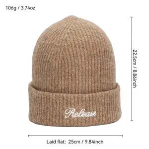 Warm knit beanie with Release embroidery shown with product size and weight measurements