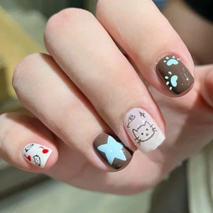 Press On Nails Short Square Cartoon Cat Patterns Brown White Sweet Cute Japanese Style Artificial Fingernails For Women