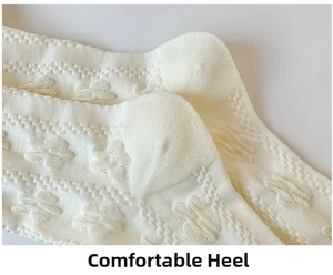 Detailed close-up of cream white knit lolita socks with thick jacquard fabric texture