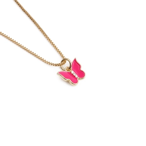 Elegant gold box chain necklace with a pink enamel butterfly pendant and micro diamonds