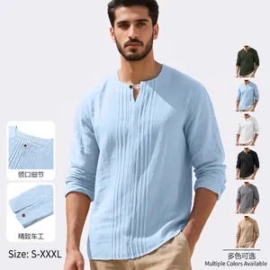 Men Casual Shirt Cotton Linen Long Sleeve Henley Neck Pleated Design Vacation Relaxed Fit Lightweight Breathable