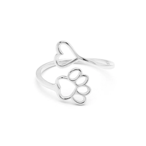 Minimalist silver open ring with hollow heart and paw print design for women