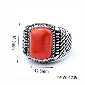 Retro punk stainless steel ring for men featuring a large red stone and woven texture