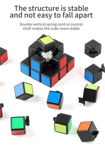 Detailed exploded view of 3x3 puzzle cube showing dual vertical spring center shaft structure