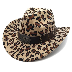 Western leopard print cowboy hat with vintage bull head buckle and studded leather band