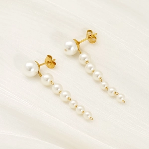 Long Drop Earrings Stainless Steel 18K Gold Plated Gradient White Artificial Pearl Tassel Elegant Fashion Accessory For Women