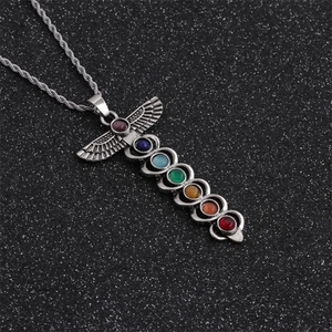 Retro silver scepter necklace featuring eagle wings and seven colored chakra gemstones