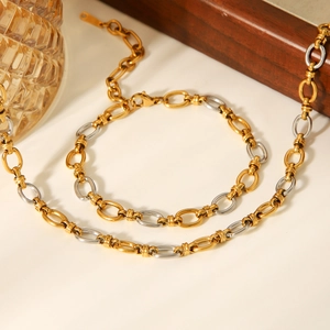 Detailed view of two-tone gold and silver interlocking link chain necklace and bracelet