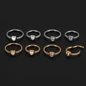 Stainless steel heart opal nose rings with zircon accents in gold and silver set