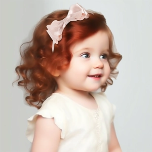 Close-up of a young girl wearing a sweet light pink satin bow headband for kids