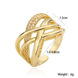 Crossed lines geometric ring in 18k gold plating with sparkling zircon stones