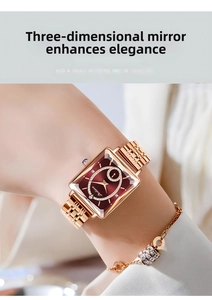 Close-up of rose gold square watch with burgundy dial and crystal-studded jewelry bracelet
