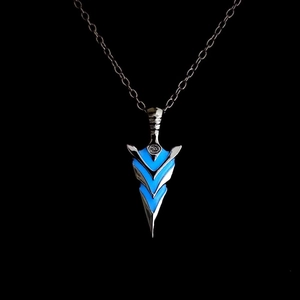 Retro arrow pendant necklace with glowing blue inlay on a sleek metal chain for men