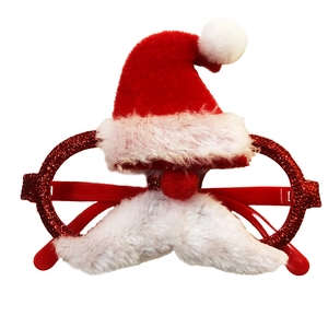 Detail of red glitter Christmas glasses with mini Santa hat and white plush beard toy