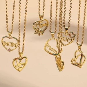 Golden heart necklace collection with multi-colored cubic zirconia and MOM engraving