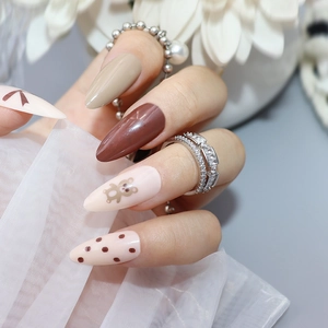 Press On Nails Cute Chocolate Bear Bowknot Polka Dot Almond Shape Glossy Full Cover Fake Nails For Women