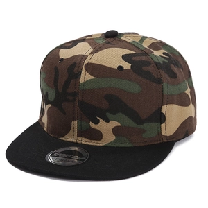 Detail of camouflage snapback sport cap with black flat brim and adjustable design