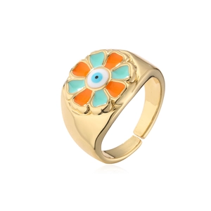 Bohemian 18K gold plated open ring featuring colorful enamel flowers and evil eye motif