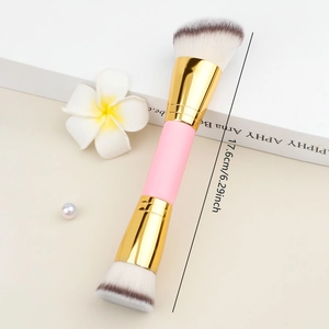 Dual-ended pink and gold foundation brush with soft bristles, length 17.6cm
