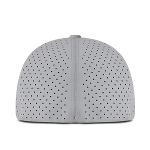 Back view of gray stretch-fit hip hop cap with breathable laser-cut ventilation holes