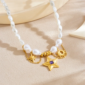 Elegant white irregular pearl necklace with gold star and sun pendants for women