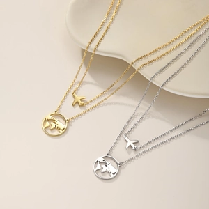 Double layer S925 sterling silver necklace featuring earth globe and airplane pendants
