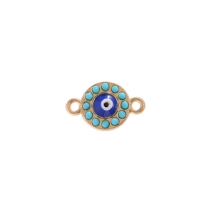 Golden evil eye connector with dark blue center and green beads for DIY jewelry making