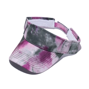 Pink and grey ink wash tie-dye sun visor hat for sports with adjustable open top design