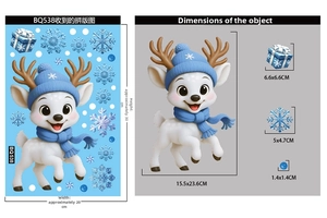 Size chart showing blue 3D cartoon reindeer and snowflake static window stickers