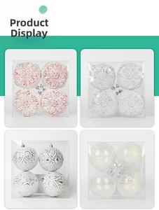 Close-up of four assorted 8cm white and gold Christmas ornaments in transparent box